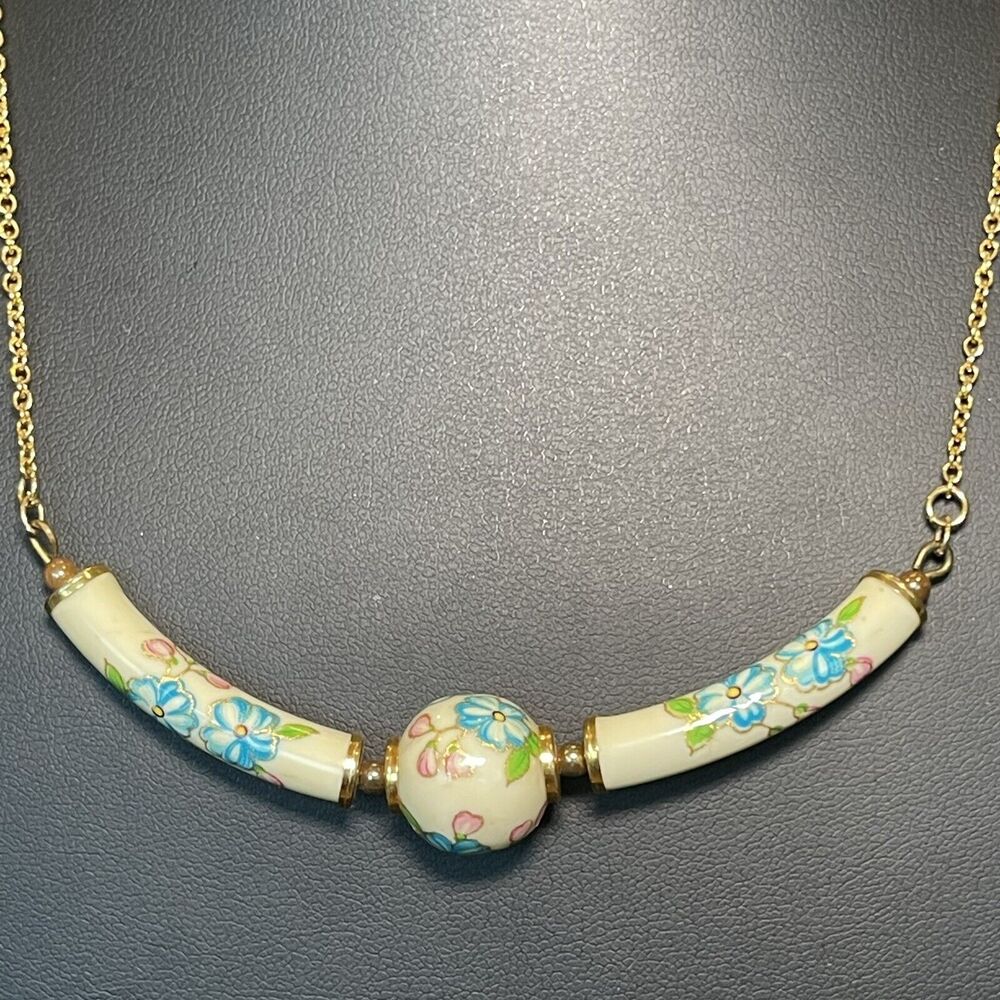 Vintage Multicolor Floral Transferware Ball Bar Pendant Necklace Gold Tone 17”